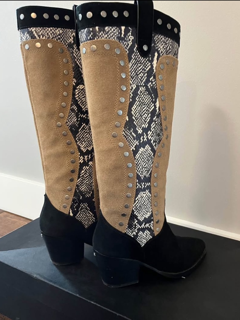 Coach Women's Tan Suede/Black/Snake-Print Western Boots - Picture 6 of 11